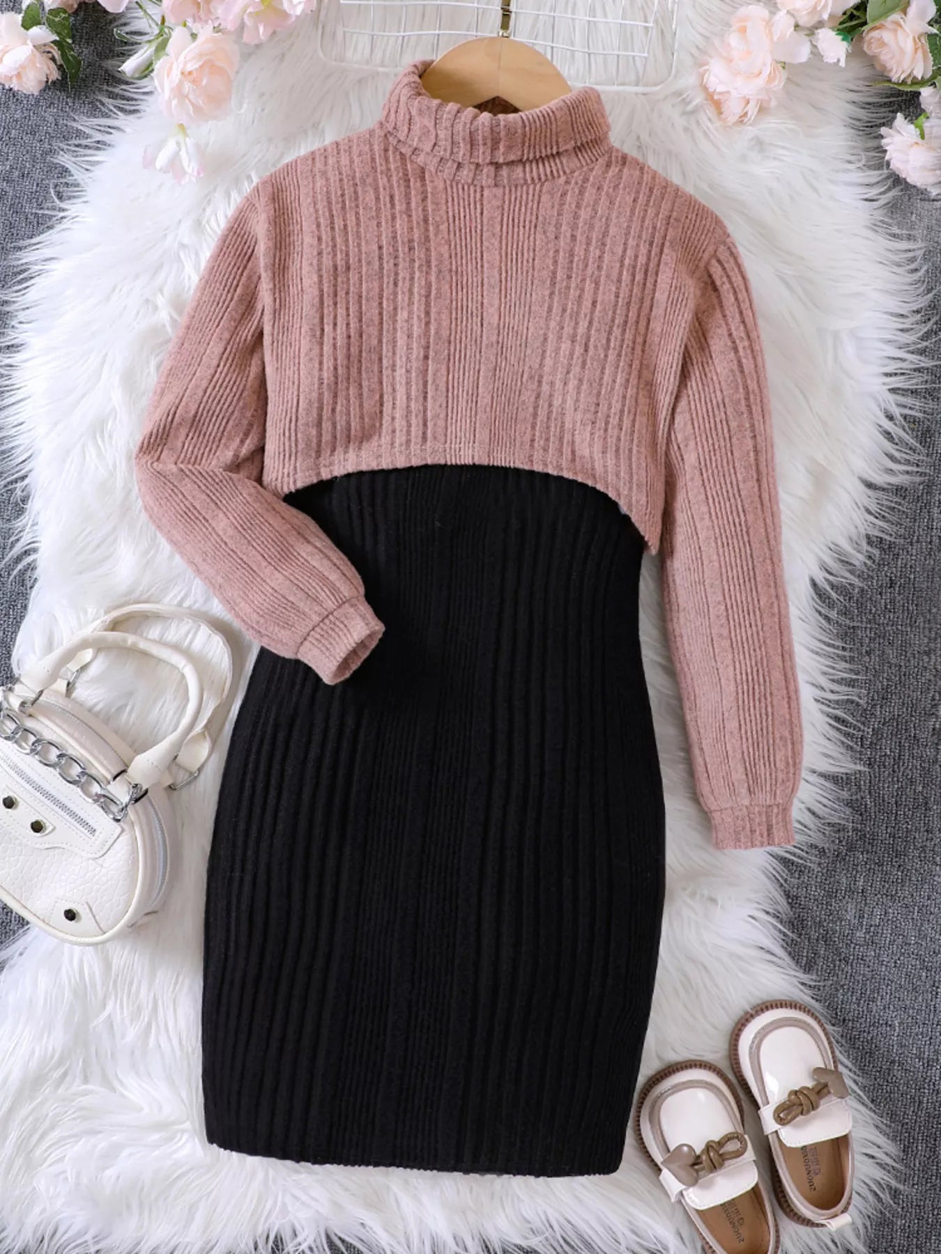 Children's Girls Ribbed Knit Two-Tone Dress Set - Tigbuls Variety