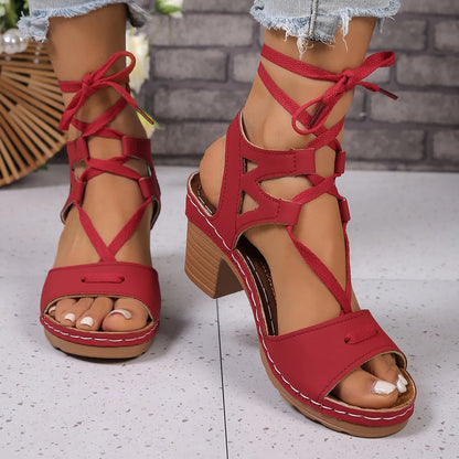 Lace-Up Block Heel Sandals - Tigbul's Variety Fashion Shop