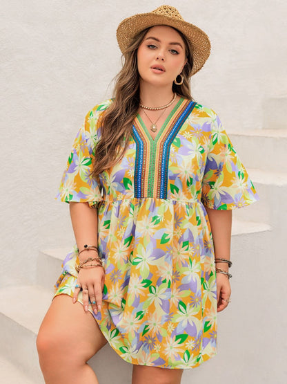 Plus Size Printed V-Neck Half Sleeve Mini Dress - Tigbul's Variety Fashion Shop