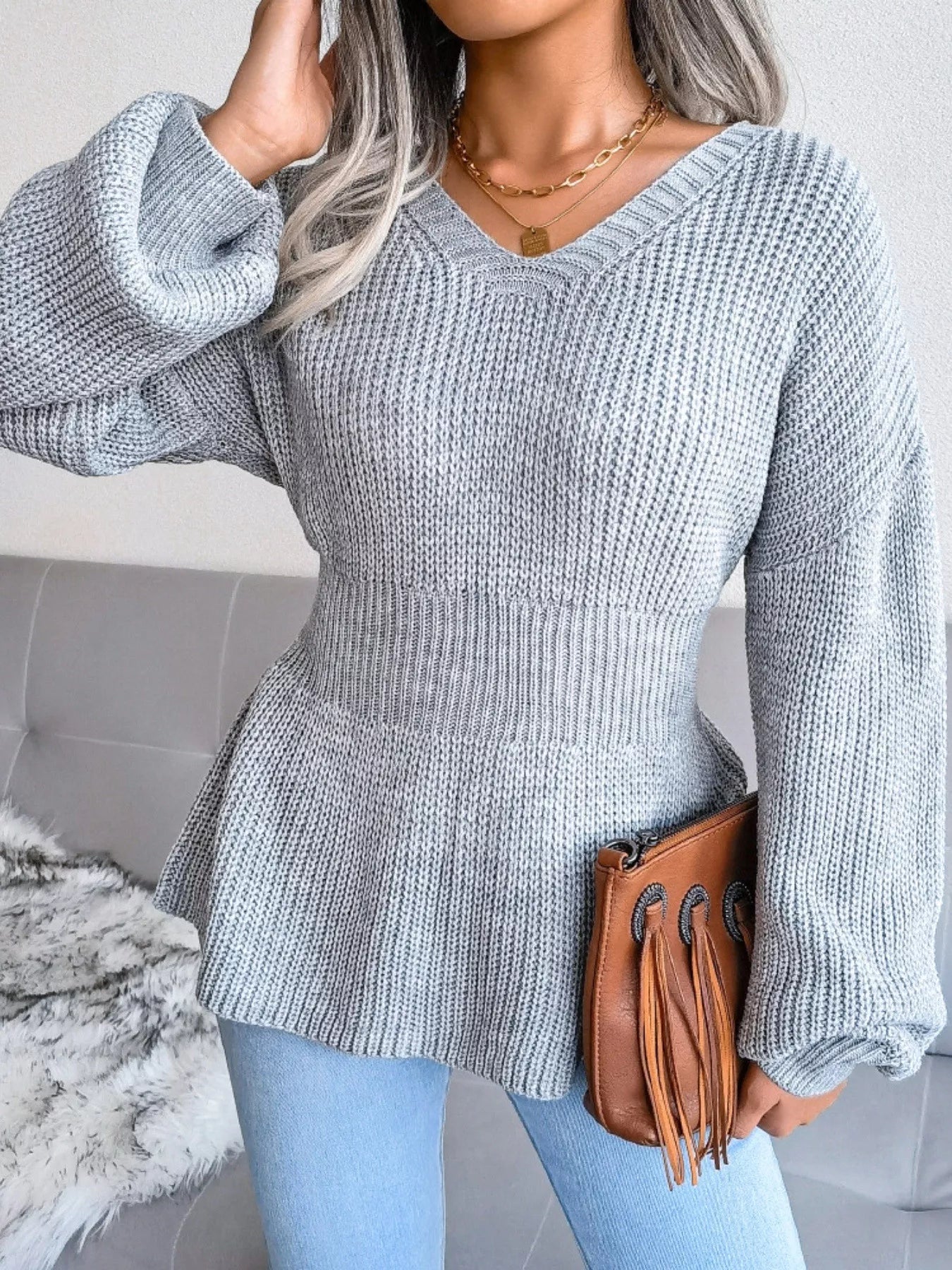 V-Neck Dropped Shoulder Sweater - Tigbul's Variety Fashion Shop