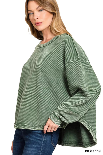 Zenana Acid Washed Exposed-Seam Sweatshirt - Tigbul's Variety Fashion Shop