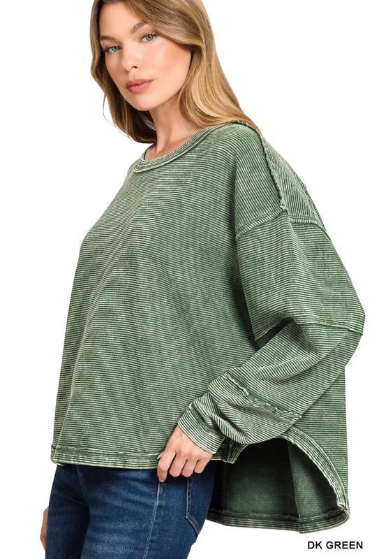 Zenana Acid Washed Exposed-Seam Sweatshirt - Tigbul's Variety Fashion Shop