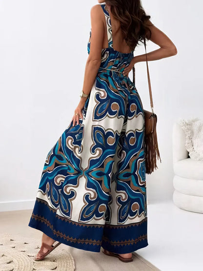 Printed V-Neck Wide Leg Jumpsuit - Tigbul's Variety Fashion Shop