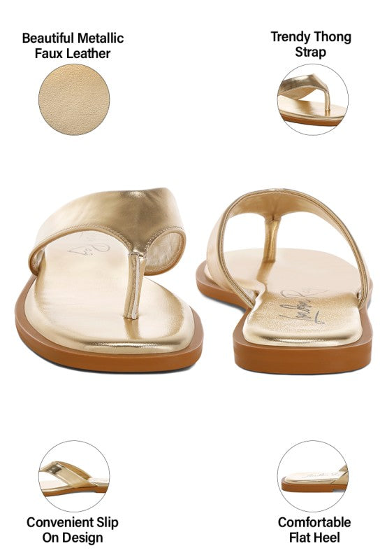 Gold metallic thong flats collage: square toe, flat sole, thin strap
