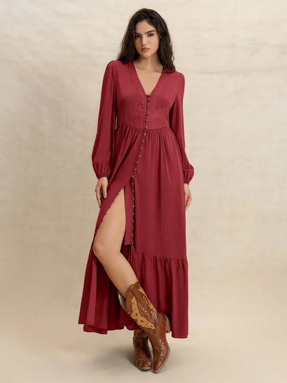 Burgundy V-Neck Balloon Sleeve Ruffled Hem Maxi Dress - Tigbul's Variety Fashion Shop