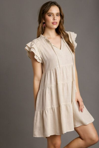 Tan Linen A-line Tiered Mini Dress - Tigbul's Variety Fashion Shop