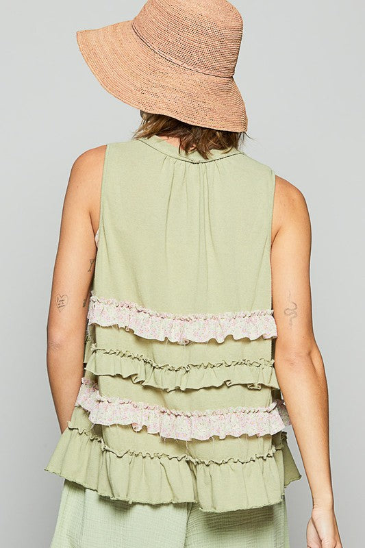 Sage Ruffled Open Front Sleeveless Cardigan - Tigbul's Variety Fashion Shop