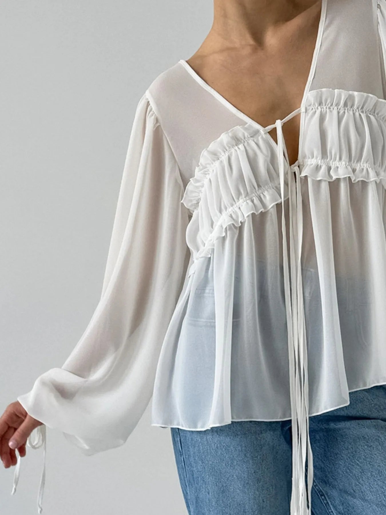 Ruffled Tie Front Long Sleeve Blouse - Tigbul's Variety Fashion Shop