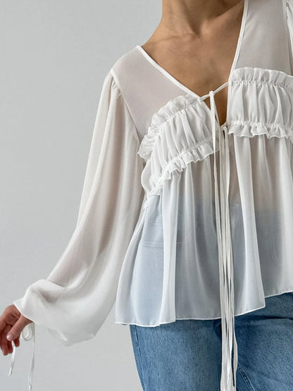 Ruffled Tie Front Long Sleeve Blouse - Tigbul's Variety Fashion Shop