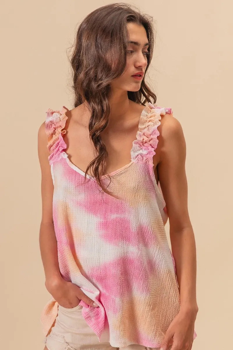 Tie Dye Printed Textured Woven with Ruffled Shirt - Tigbul's Variety Fashion Shop
