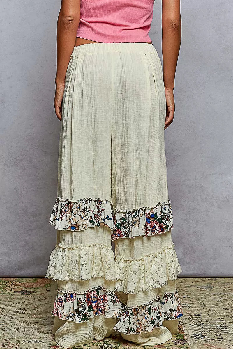 POL Drawstring Double Gauze Wide Leg Pants with Print and Lace Ruffle - Tigbul's Variety Fashion Shop
