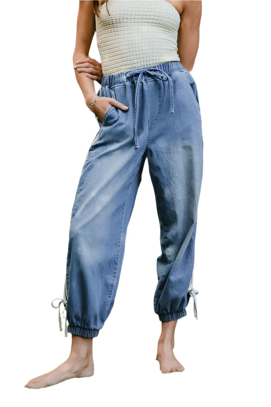 BiBi Striped Tape Details With Bot Tied Point Elastic Waist Jeans - Tigbul's Variety Fashion Shop