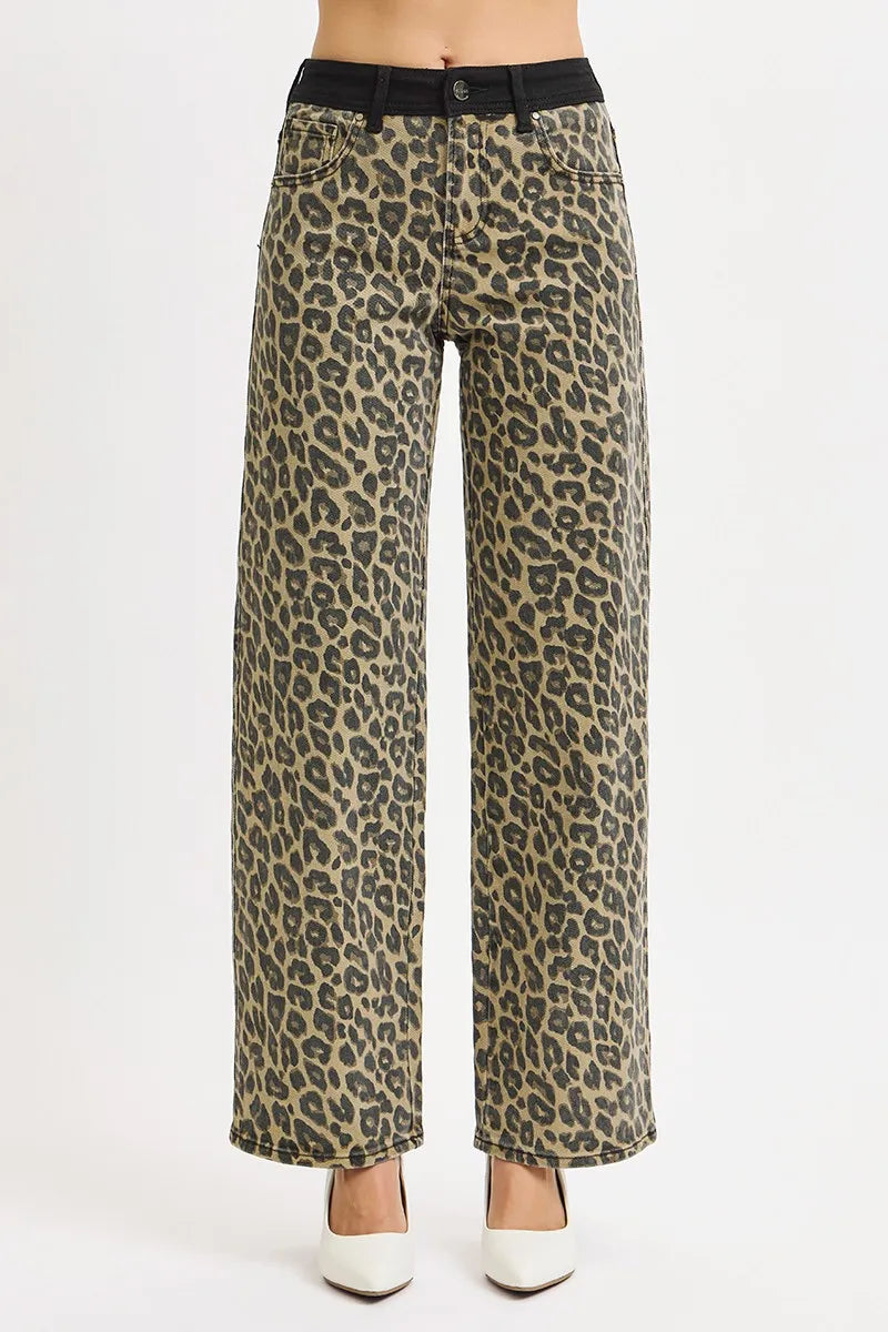 RISEN High Rise Wide Leg Leopard Printed Jeans with Contrast Waist Band Detail - Tigbul's Variety Fashion Shop