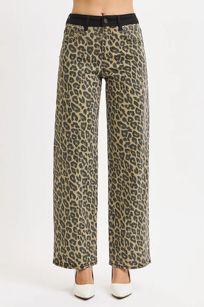 RISEN High Rise Wide Leg Leopard Printed Jeans with Contrast Waist Band Detail - Tigbul's Variety Fashion Shop