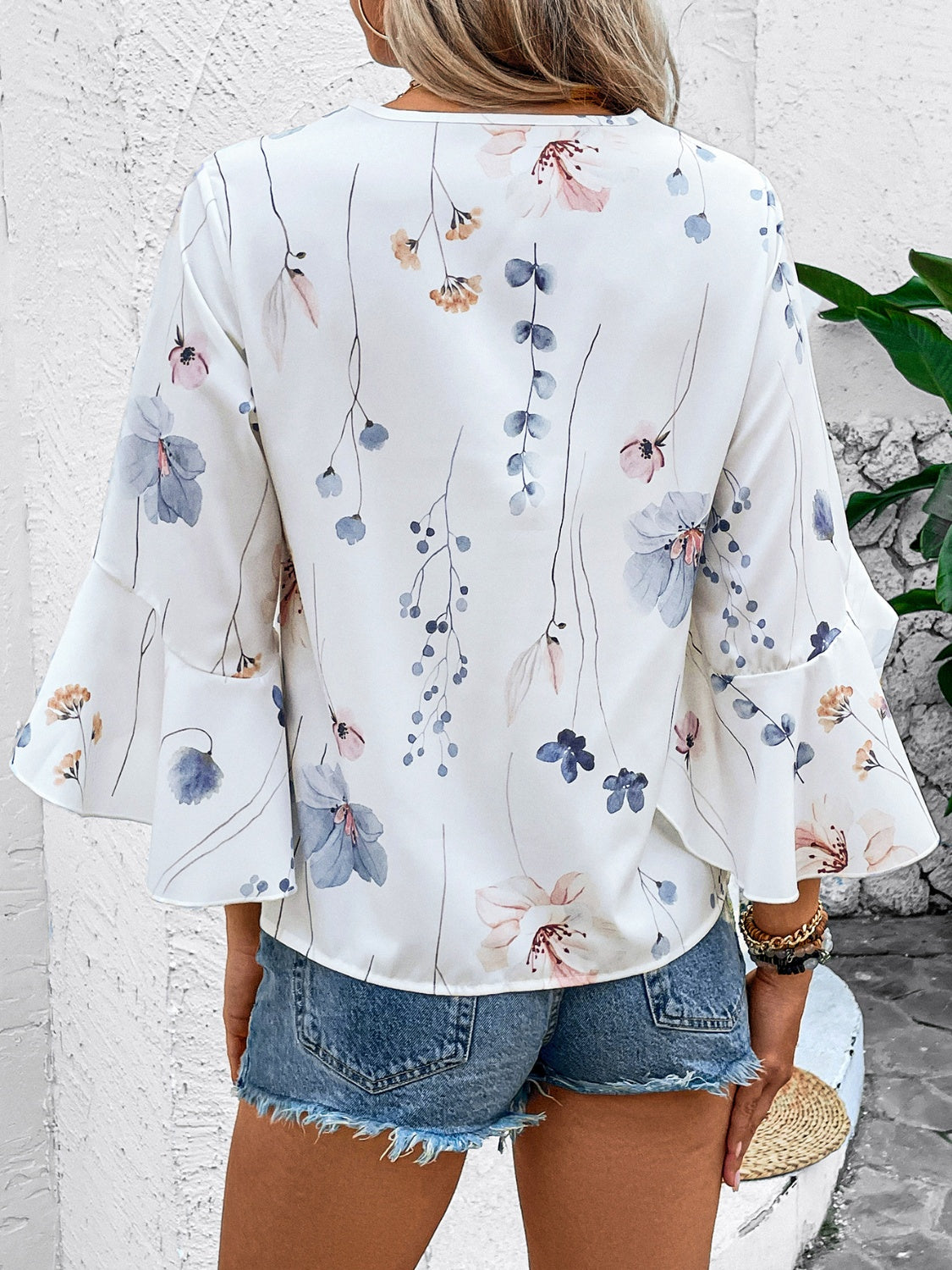 Ruffled Printed V-Neck Half Sleeve Blouse - Tigbul's Variety Fashion Shop