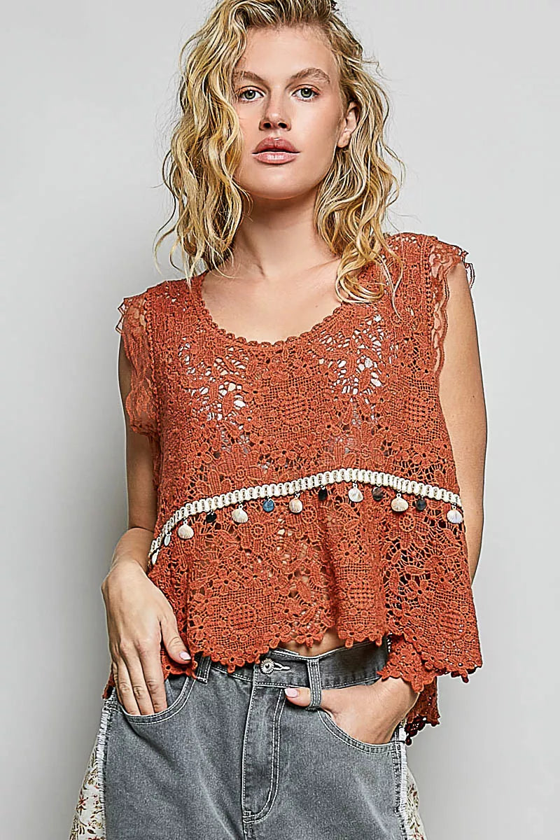 POL Lace Trim Openwork V-Neck Crochet Tank with Scalloped Edge - Tigbul's Variety Fashion Shop