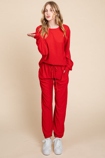 Red Crinkle Check Round Neck Top and Pants Lounge Set - Tigbul's Variety Fashion Shop