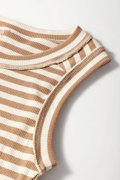 Stripe Exposed Seam Trim Round Neck Sleeveless Top - Tigbul's Variety Fashion Shop