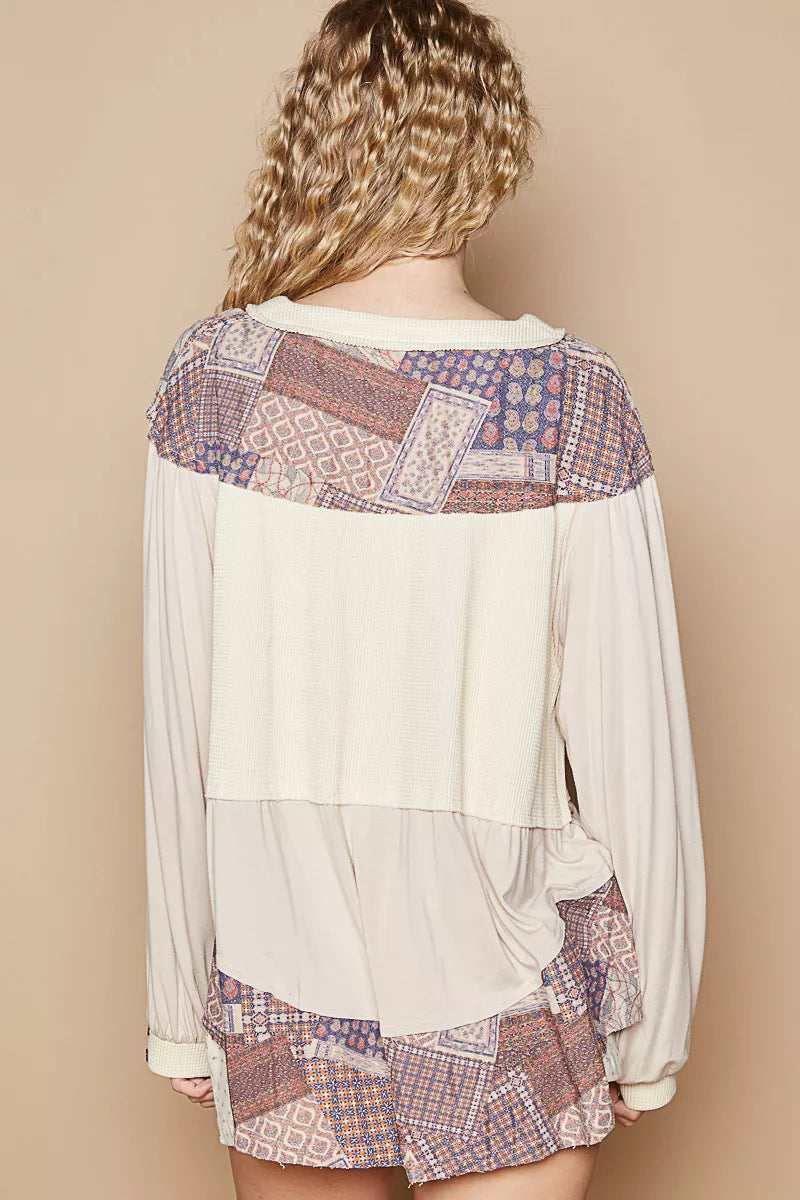 POL Half Button Balloon Sleeve Top with Printed Knit Contrast - Tigbul's Variety Fashion Shop