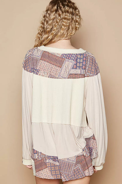 POL Half Button Balloon Sleeve Top with Printed Knit Contrast - Tigbul's Variety Fashion Shop