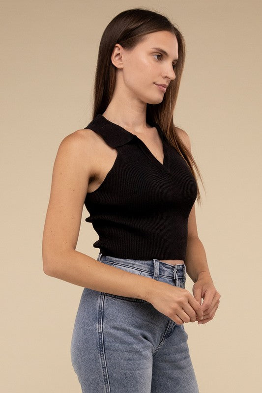 Sleeveless Collared Crop Knit Top - Tigbul's Variety Fashion Shop