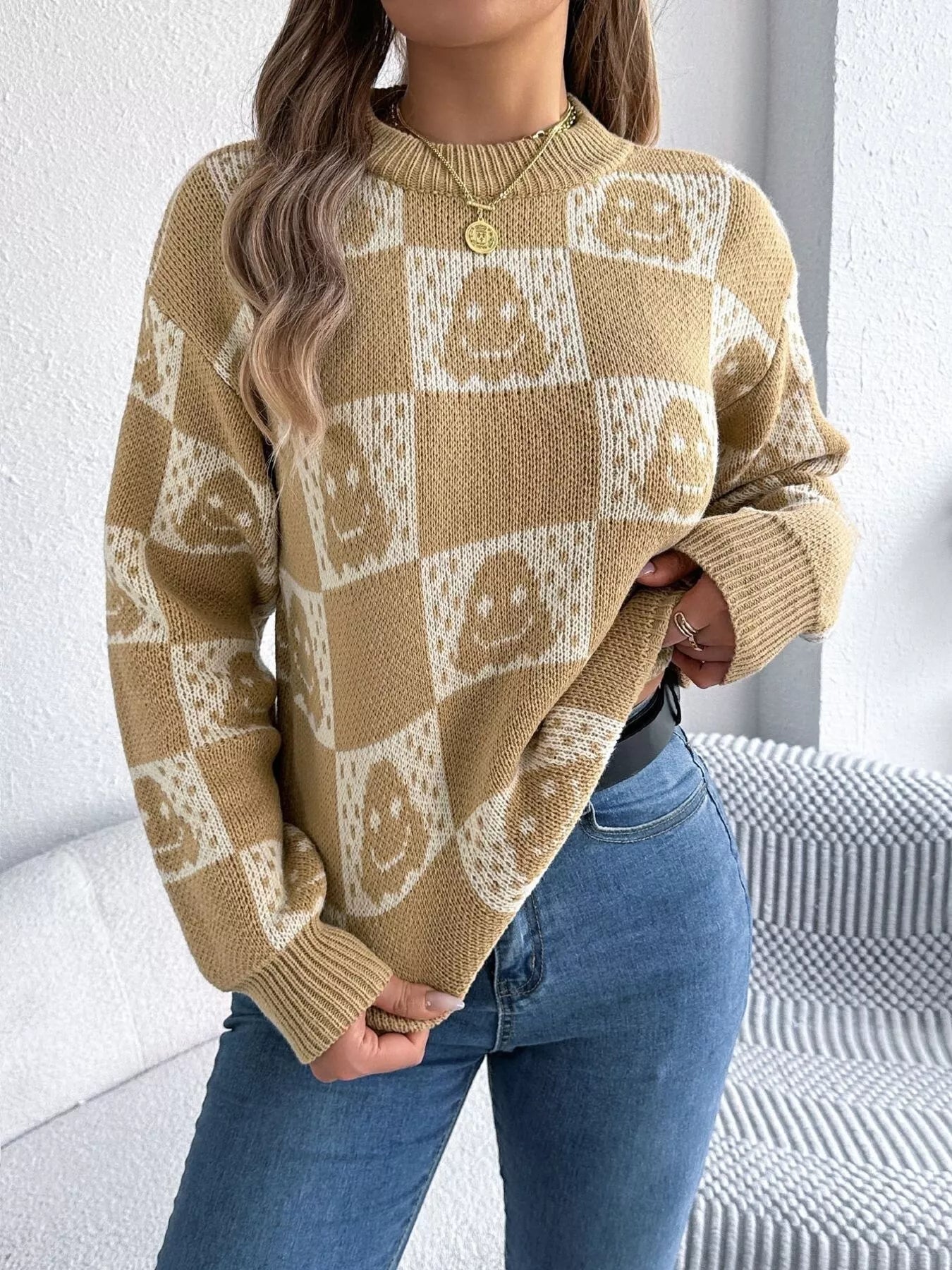 Halloween Ghost Pattern Checkered Round Neck Sweater - Tigbul's Variety Fashion Shop