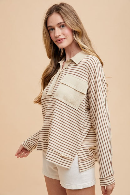 Striped Button Detail Long Sleeve Polo Top - Tigbul's Variety Fashion Shop