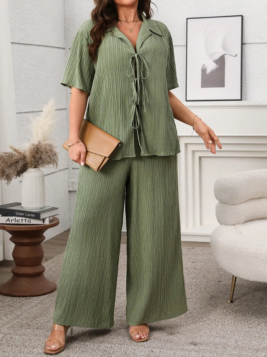 Plus Size Tie Front Short Sleeve Top and Pants Set - Tigbul's Variety Fashion Shop