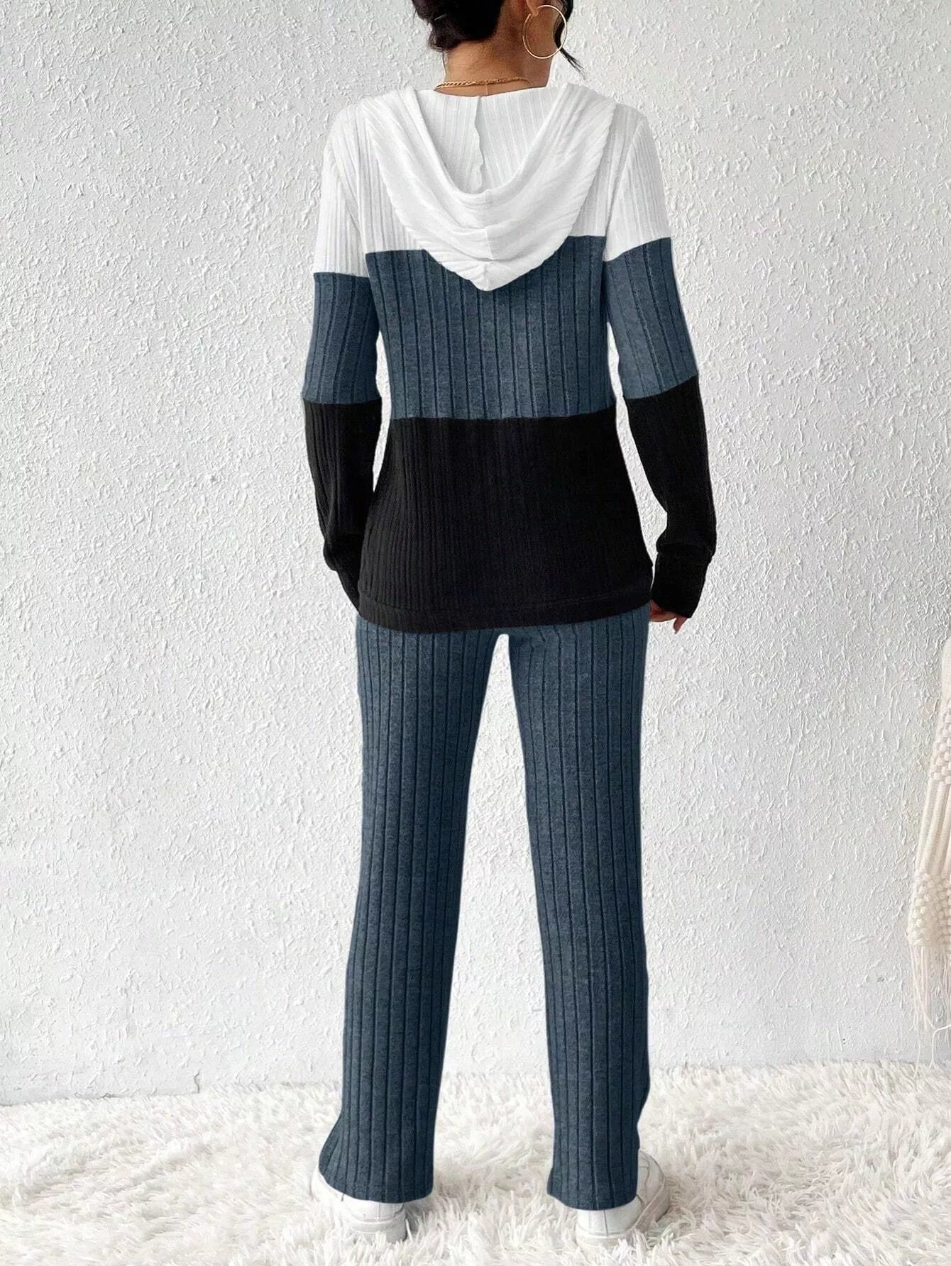 Color Block Half Zip Hooded Top and Pants Set - Tigbul's Variety Fashion Shop