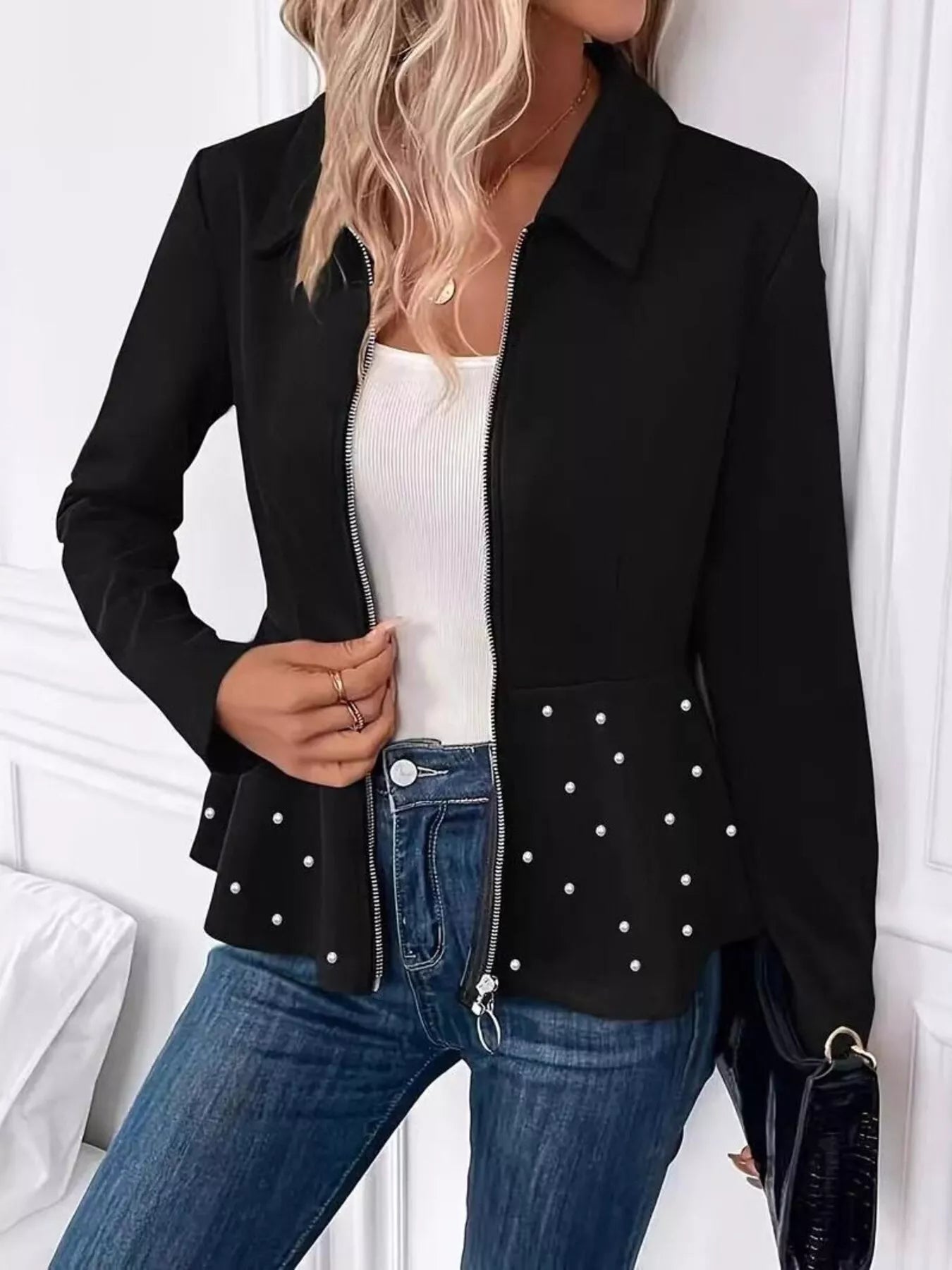 Pearl Embellished Zip-Up Peplum Outerwear - Tigbul's Variety Fashion Shop