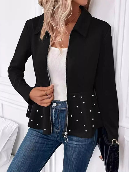 Pearl Embellished Zip-Up Peplum Outerwear - Tigbul's Variety Fashion Shop
