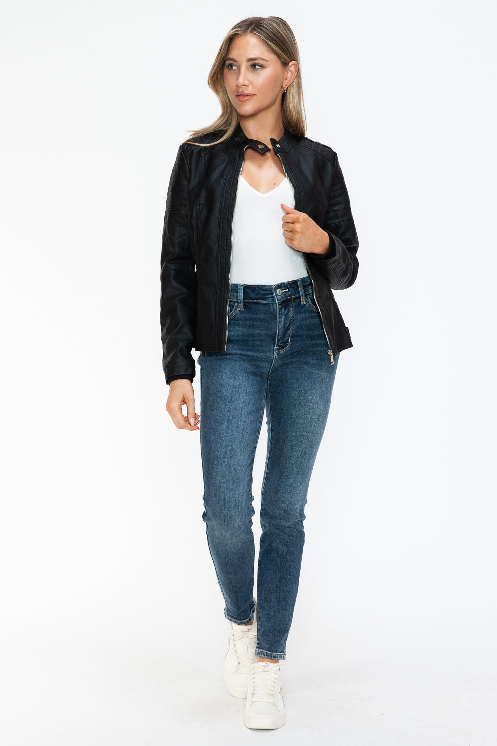 Black PU Leather Biker Jacket with Side Zip Pockets