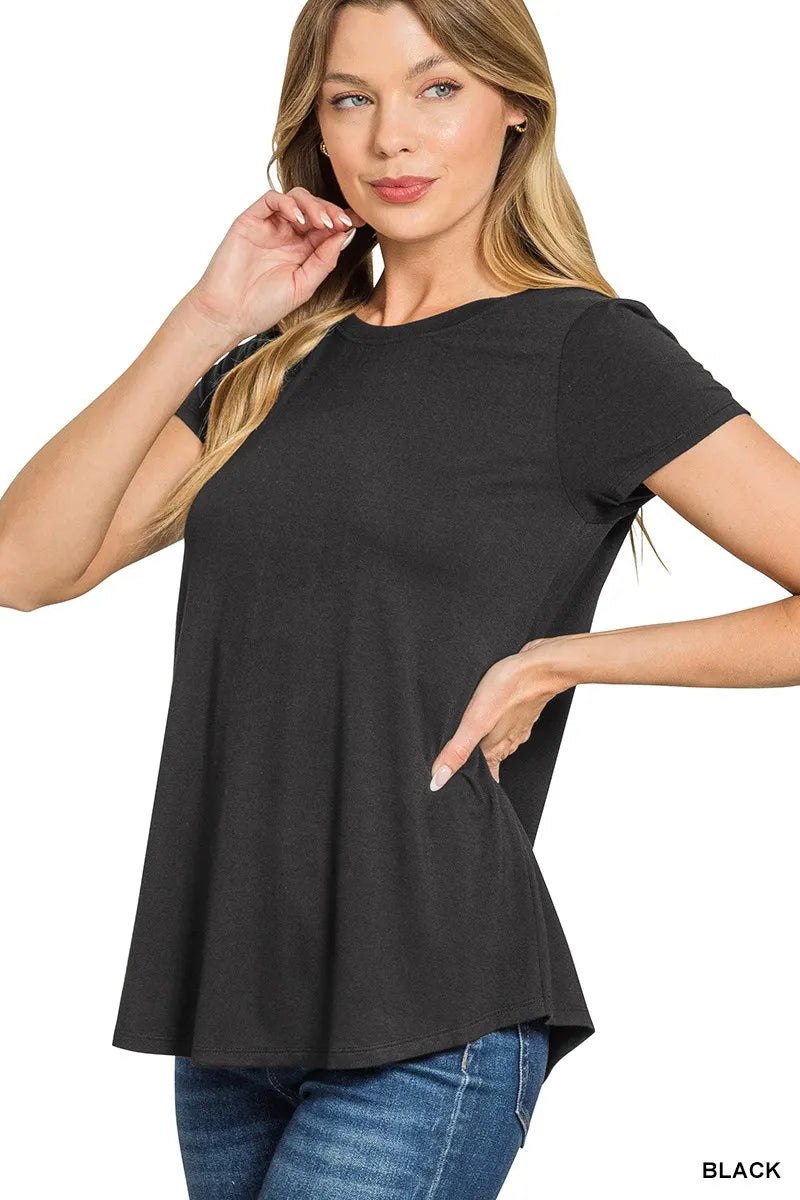 Zenana Flowy Round Hem Rayon Short Sleeve T-Shirt - Tigbul's Variety Fashion Shop