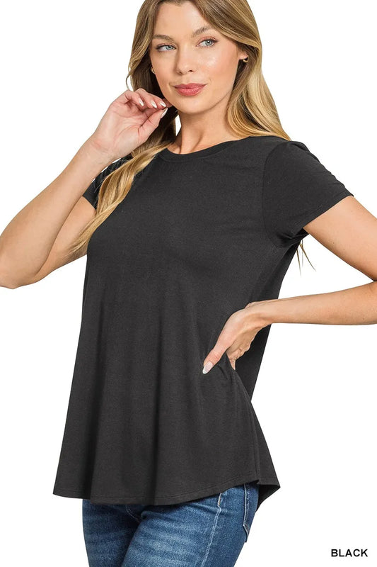 Zenana Flowy Round Hem Rayon Short Sleeve T-Shirt - Tigbul's Variety Fashion Shop
