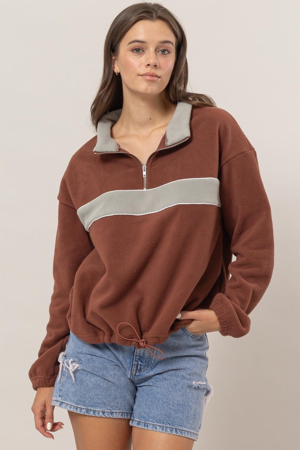 Fleece Color Block Half Zip Sweatshirt - Tigbul's Variety Fashion Shop