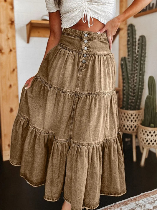 Ruched Button Fly Denim Skirt - Tigbul's Variety Fashion Shop