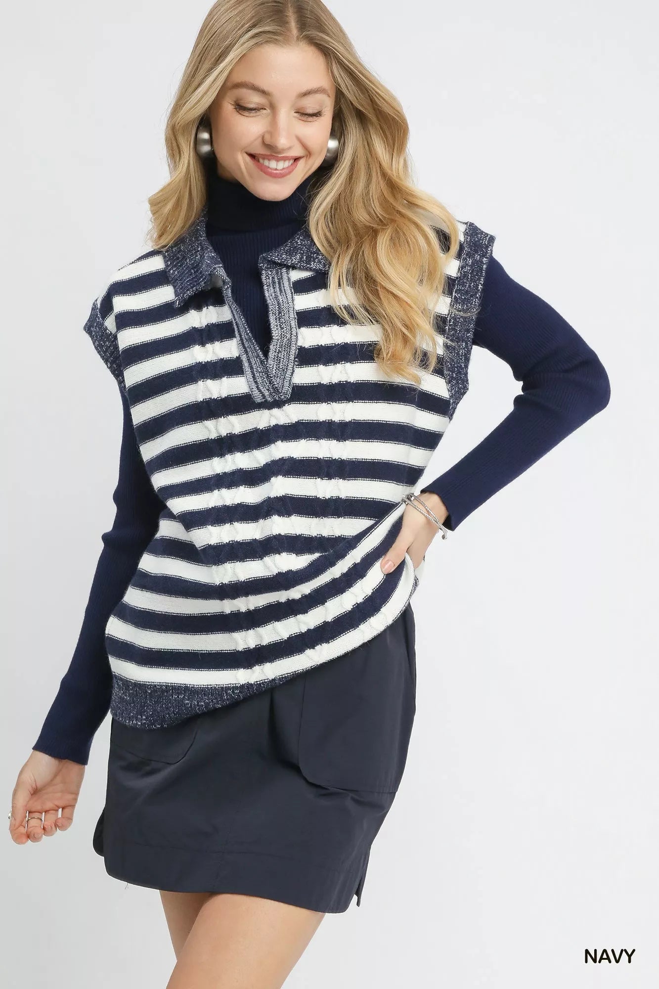 Umgee Cable Knit Collared Striped Vest Sweater - Tigbul's Variety Fashion Shop