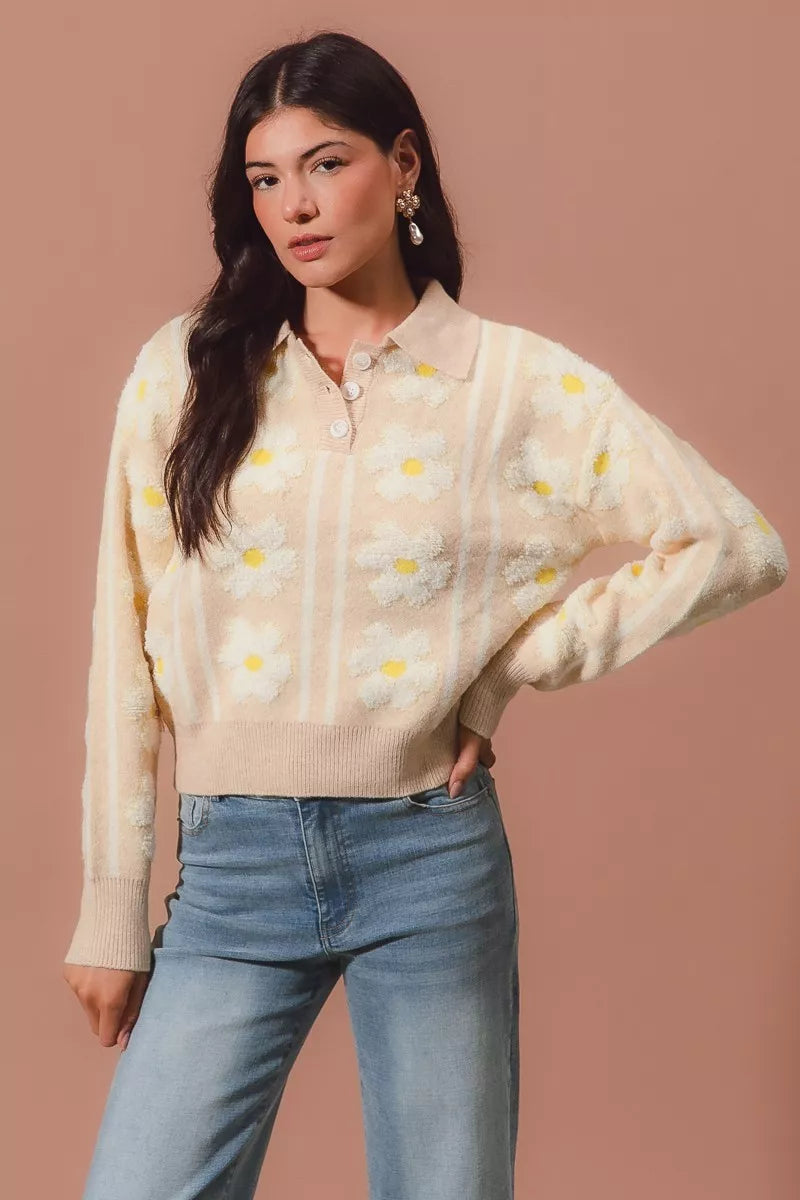 Floral Stripe Polo Collar Sweater - Tigbul's Variety Fashion Shop