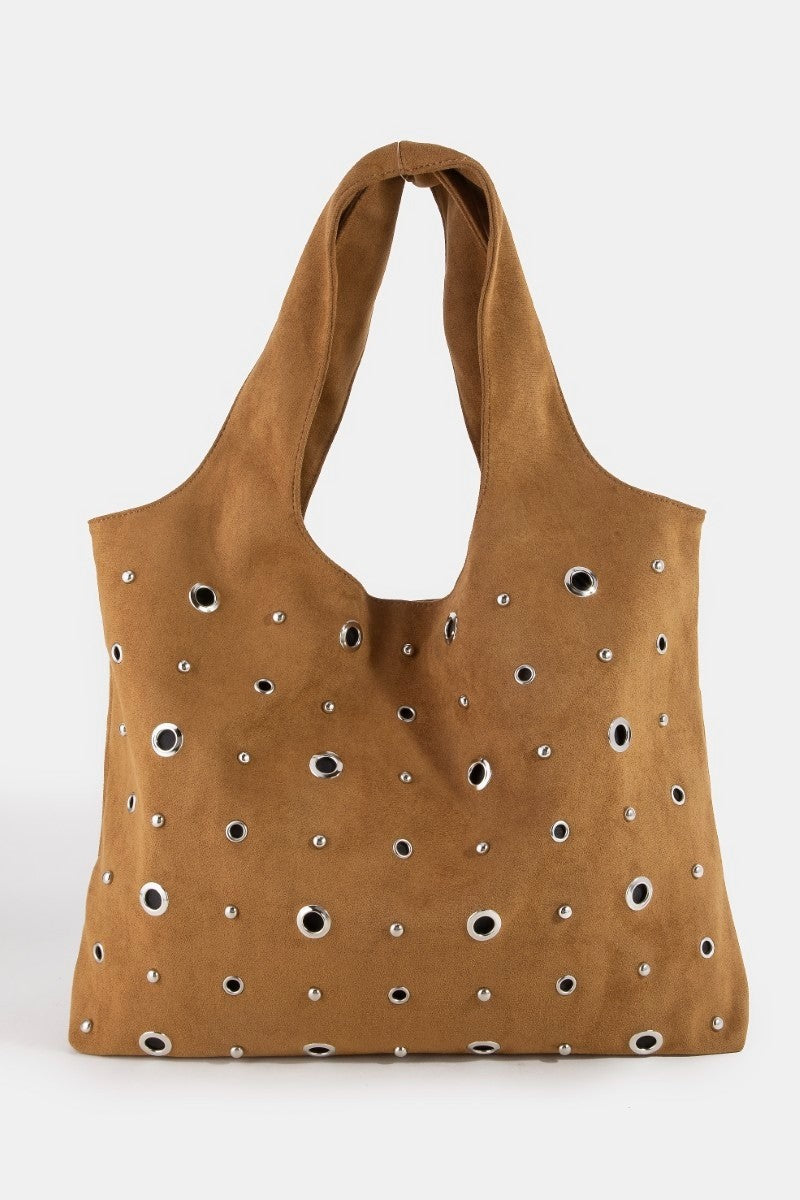 Fame large suede shoulder bag in tan with silver grommet stud detailing