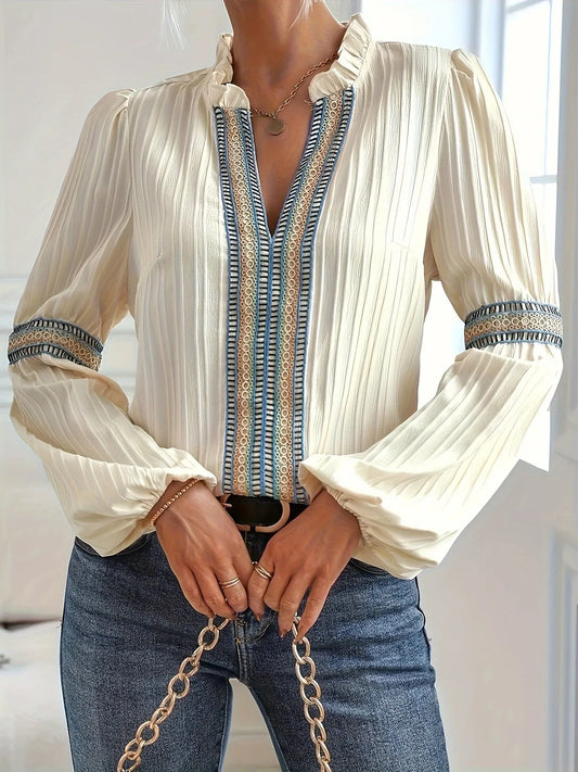 Notched Textured Balloon Sleeve Blouse - Tigbul's Variety Fashion Shop