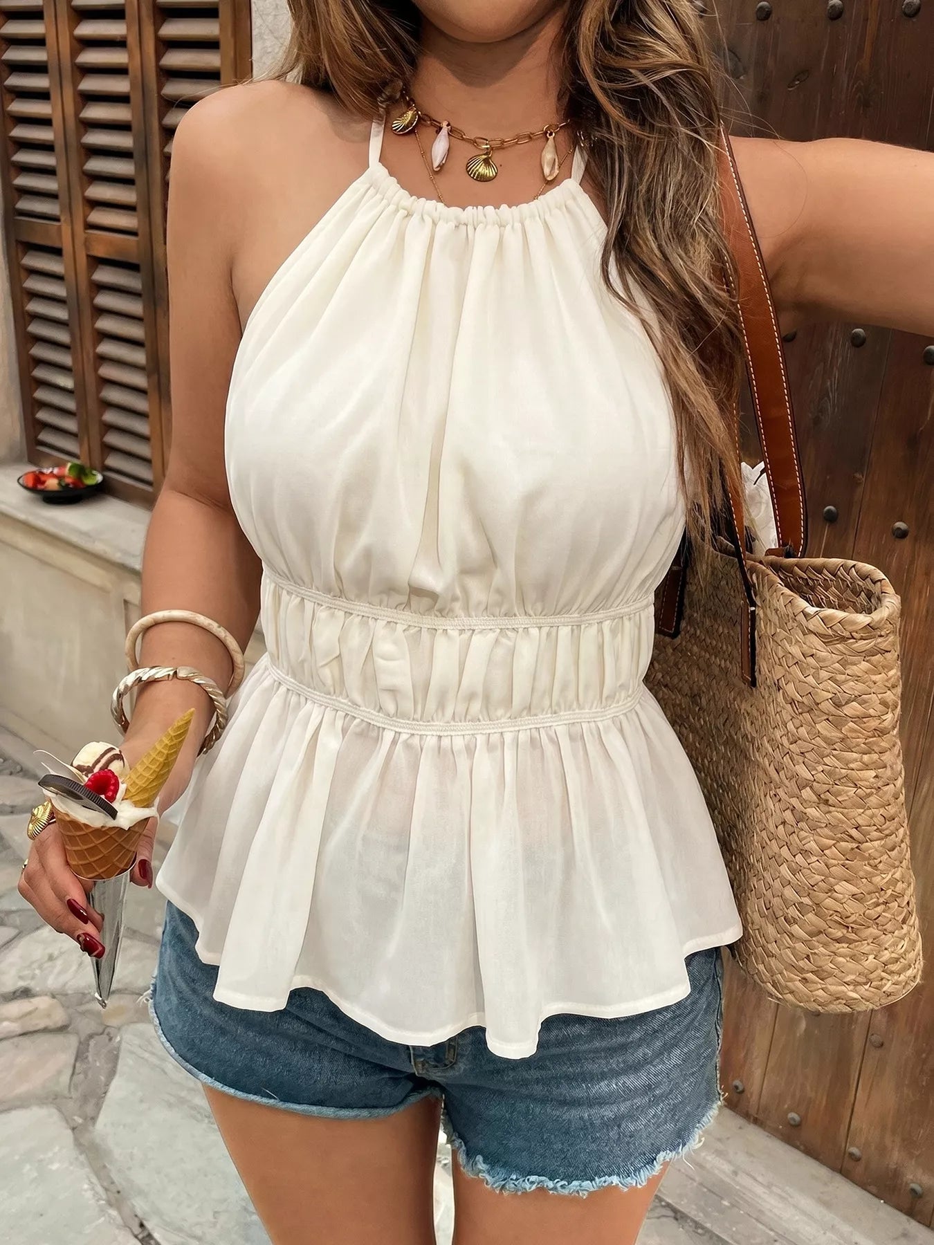 Halter neck cami in white with gathered bust and ruched waist peplum detail
