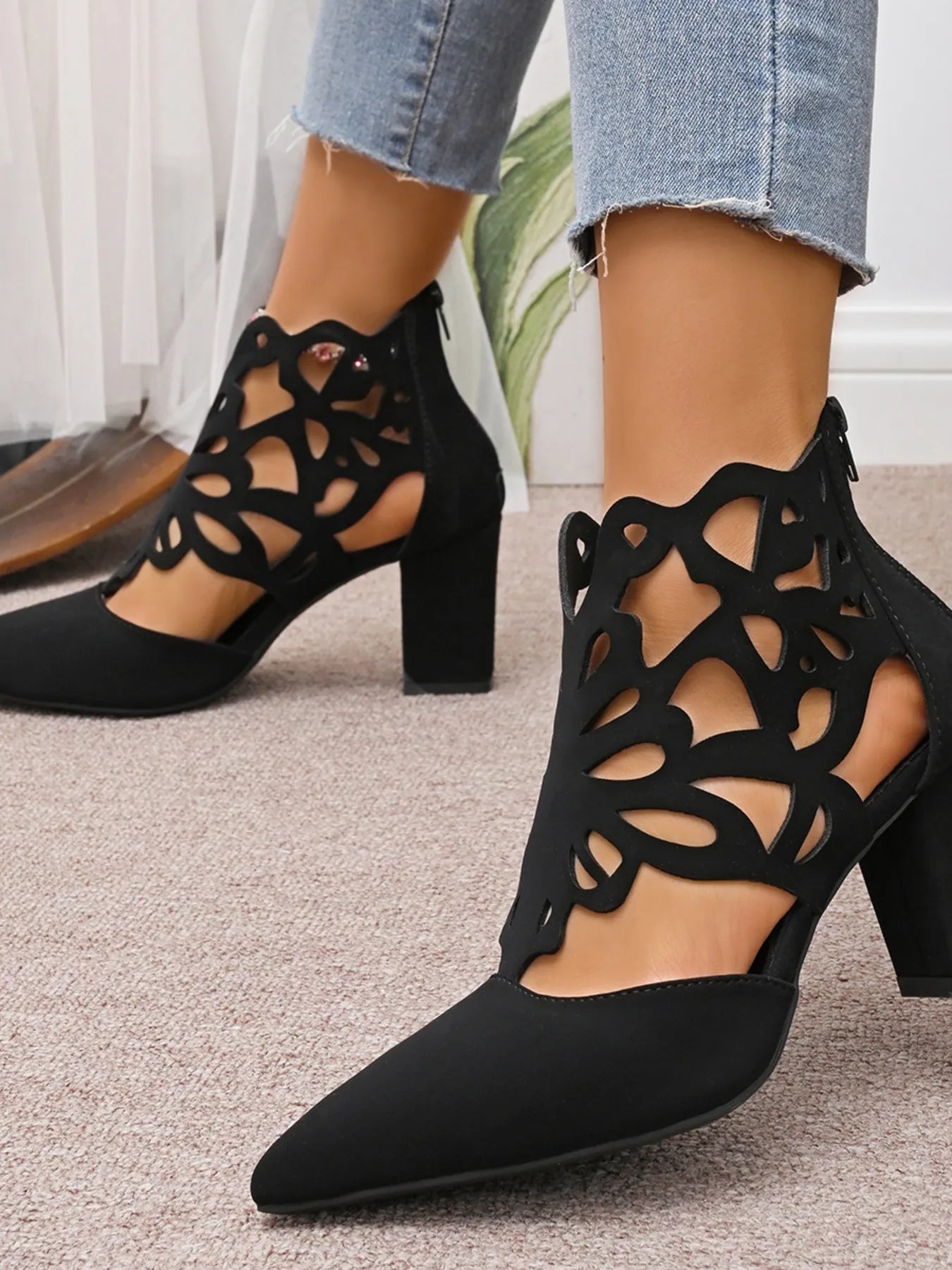 Pointed Toe Cut-Out Block Heel Pumps - Tigbul's Variety Fashion Shop