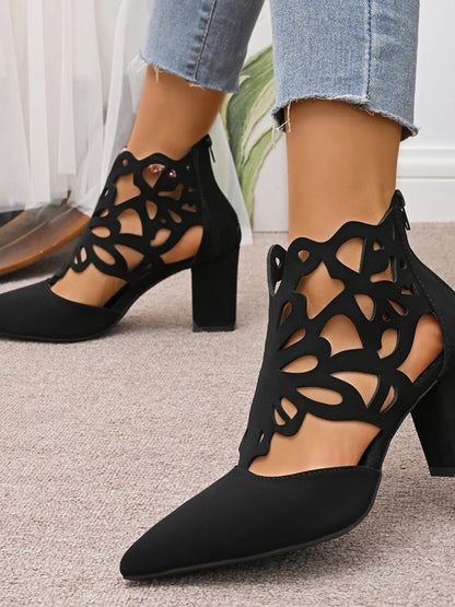 Pointed Toe Cut-Out Block Heel Pumps - Tigbul's Variety Fashion Shop