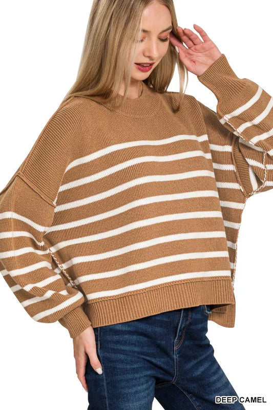 Zenana Exposed Seam Striped Oversized Sweater - Tigbul's Variety Fashion Shop