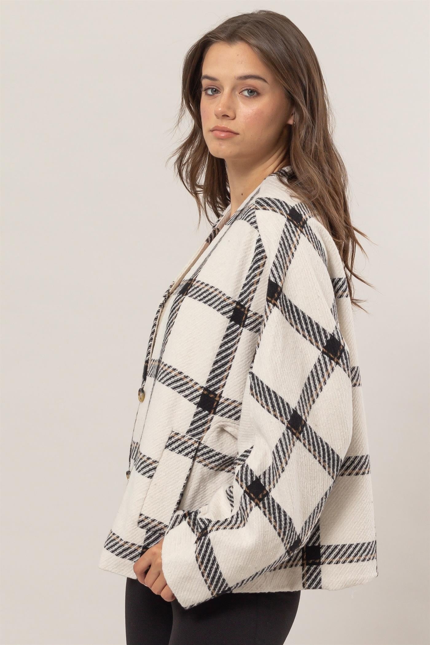 HYFVE Plaid Long Sleeve Jacket with Side Slit Pockets - Tigbul's Variety Fashion Shop