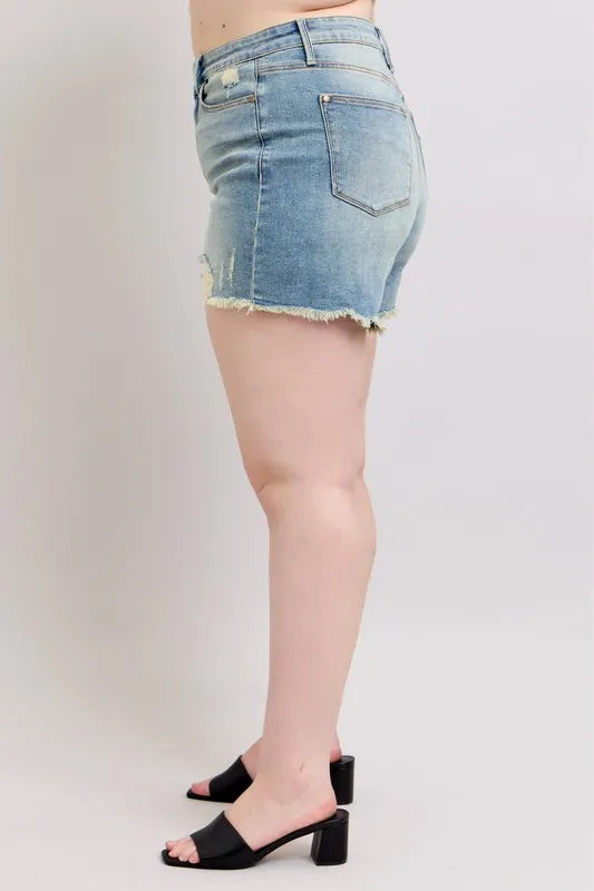 Judy Blue Plus Size High Rise Washed Fly Stitch Detail and Destroy Denim Shorts - Tigbul's Variety Fashion Shop