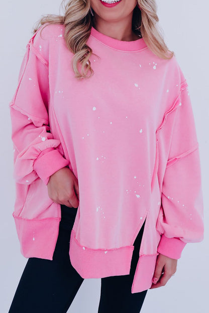 Exposed Seam Splatter Print Round Neck Sweatshirt - Tigbul's Variety Fashion Shop