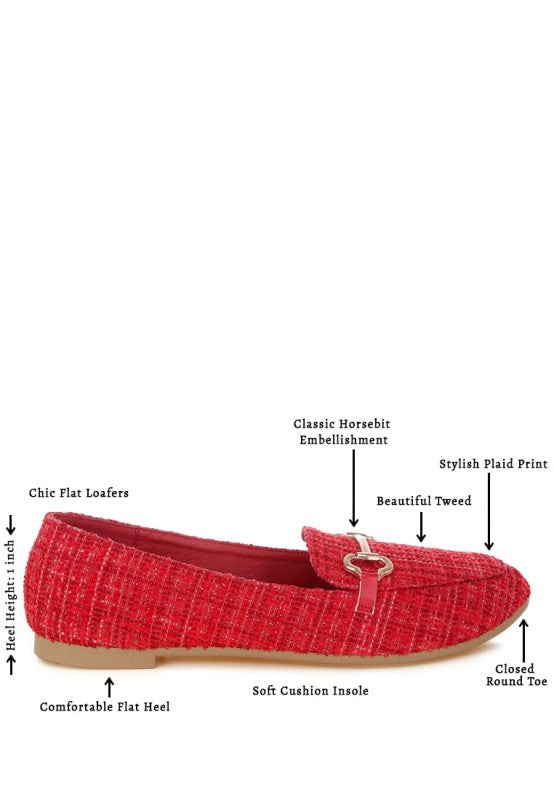 Red tweed loafers with gold horsebit detail, comfortable flat heel and round toe