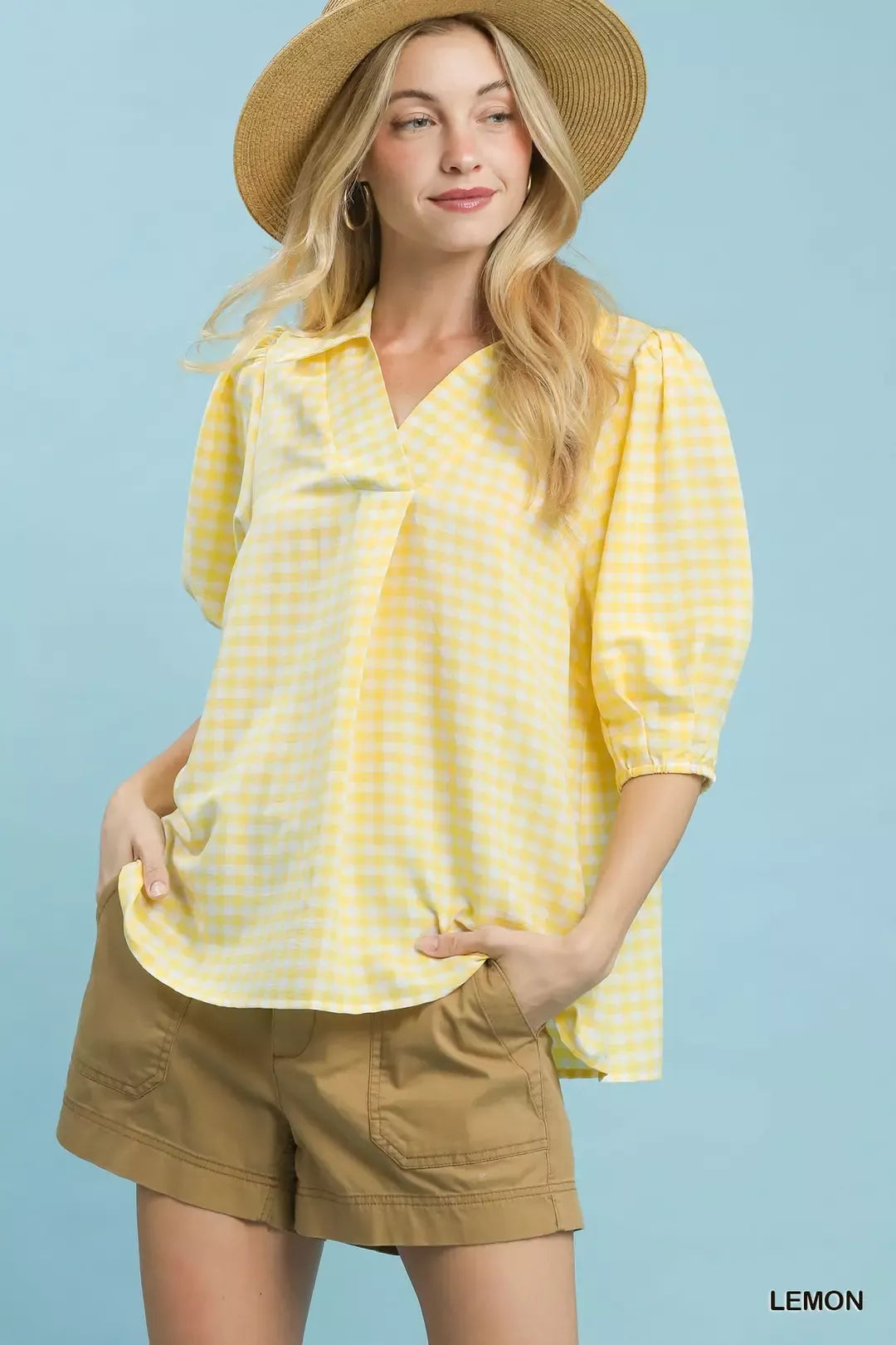 Umgee Gingham Puff Sleeve Collared Blouse - Tigbul's Variety Fashion Shop