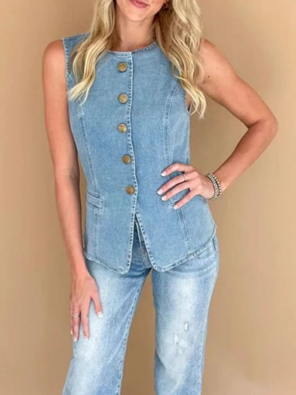 Sleeveless Button-Front Denim Vest - Tigbul's Variety Fashion Shop